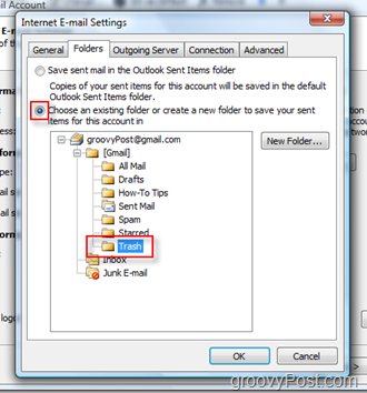 Opsætning SEND Mail-mappe til iMAP-konto i Outlook 2007:: Vælg Papirkurvmappe