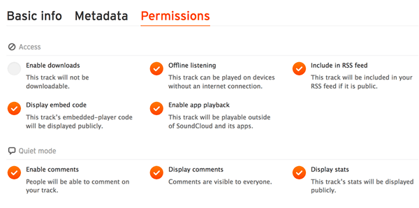 Tjek fanen Tilladelser for at sikre dig, at din lydfil er inkluderet i dit SoundCloud RSS-feed.