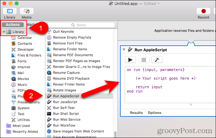 Træk Kør AppleScript til arbejdsgangspanel i Automator