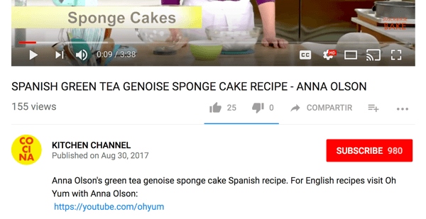 Cocina dirigerer engelsktalende publikum til en anden madlavningskanal på YouTube.
