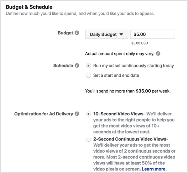 Facebook-annonceringsbudget og tidsplanindstillinger inkluderer et dagligt budget og 10 sekunders visninger.