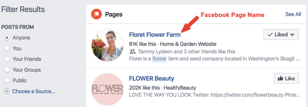 Eksempel på Facebook-siden med navnet Floret Flower Farm i søgeresultaterne.