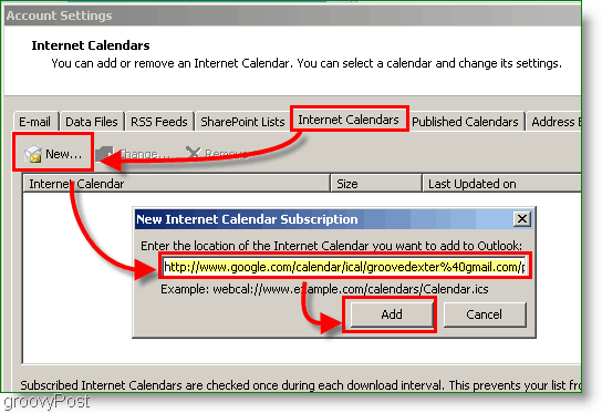 Skærmbillede af Outlook 2007-kalender - Tilføj internetkalender