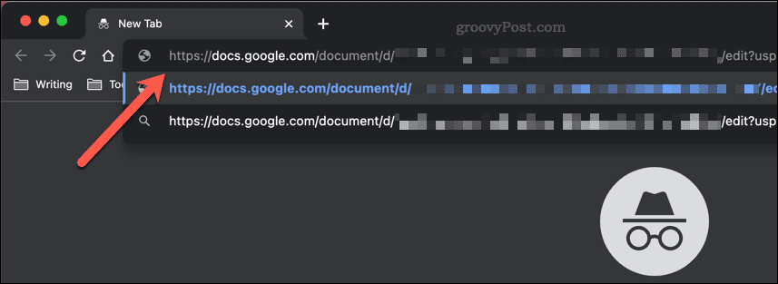 Indsættelse af et Google Docs-delingslink i adresselinjen i et inkognitovindue i Google Chrome