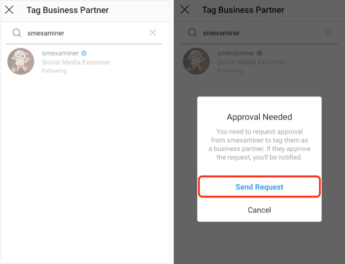 send anmodning om godkendelse til forretningspartner på Instagram