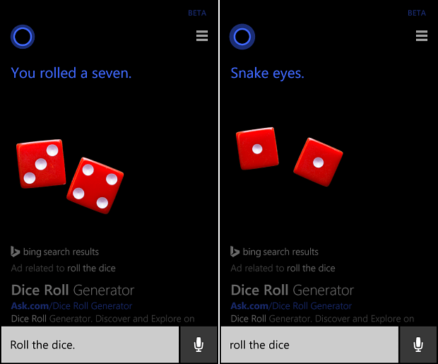 Vend en mønt eller rull terningerne med Cortana på Windows Phone 8.1