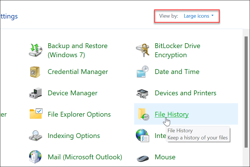filhistorik kontrolpanel filhistorik på Windows 11