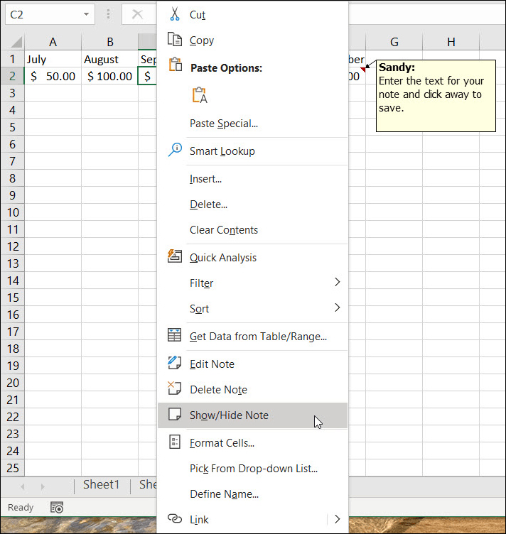 Vis eller skjul noter i Excel