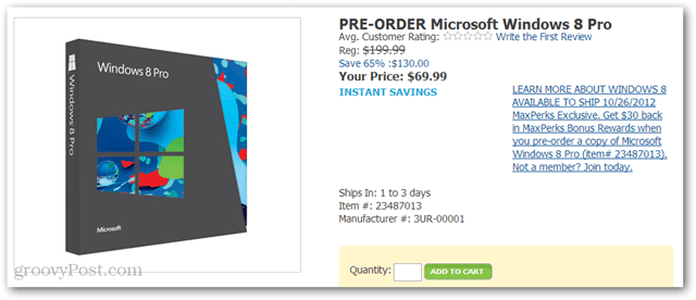 Køb Windows 8 Pro for $ 40 fra Amazon (DVD-ROM, $ 69.99 plus $ 30 Amazon Credit)