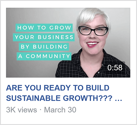 For at undervise i en Facebook-gruppe deler Caitlin Bacher video som denne video med teksten How To Grow Din virksomhed ved at opbygge et fællesskab og et billede af Caitlin fra skuldrene op og vender mod kamera.