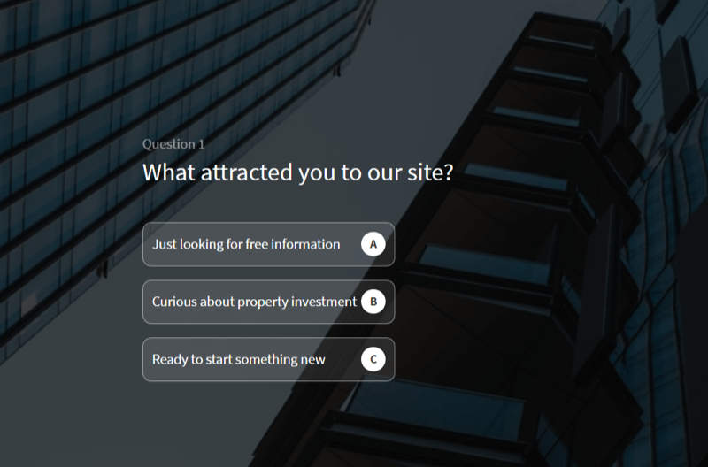 eksempel på en webstedsquiz, der bruges til at kvalificere kundeemner på et websted med uddannelse af et fast ejendomsselskab