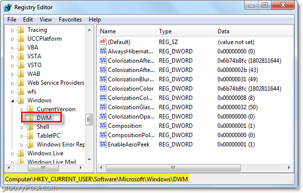 Åbn dwm-registernøglen i Windows 7