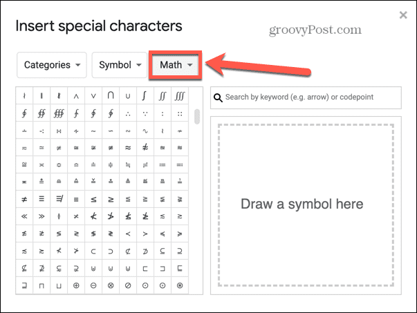 Google Slides matematiske symboler