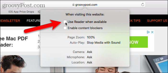 Deaktiver Brug læser, når det er tilgængeligt i Safari til Mac