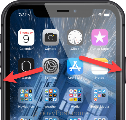 Tryk og hold Lydstyrke op og Side-knappen på iPhone