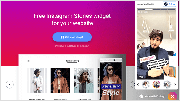 Instagram Stories-widget fra Fastory-hjemmesiden har en lyserød gradientbaggrund med teksten Gratis Instagram Stories-widget til dit websted. En blå knap med Facebook-logoet siger Få din widget. En simuleret mobilskærm, der viser en Instagram-historie, vises på højre side af websiden.