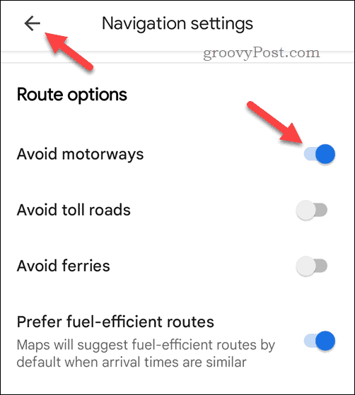 Indstilling til altid at undgå motorveje i Google Maps
