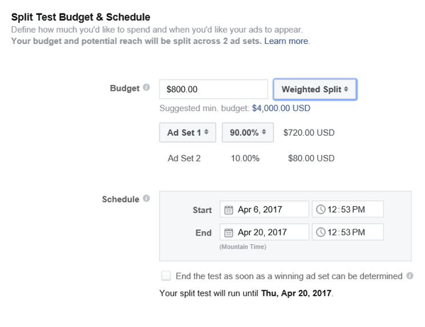 Facebook giver dig mulighed for at kontrollere, hvor meget budget der skal afsættes til hvert annoncesæt.