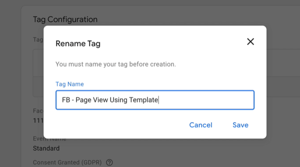 ny google tag manager nyt tag med omdøb tag menu-indstillinger med det nye tagnavn indtastet som 'fb - sidevisning ved hjælp af skabelon'
