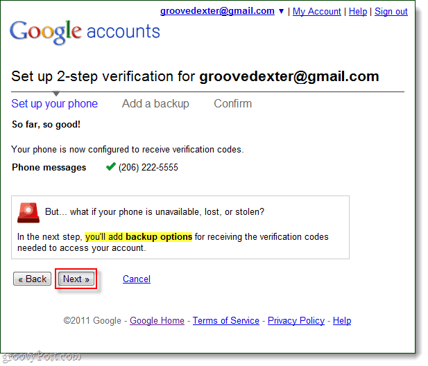 tilføj google 2-trins verificering af backup-indstillinger