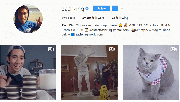 Selvom han oprindeligt brugte Instagram til at genudlægge sine vinstokke, begyndte Zach snart at oprette originalt Instagram-indhold.