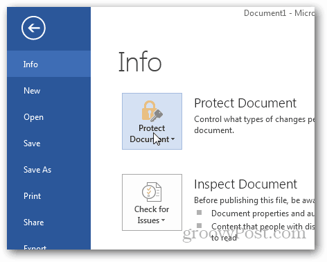 Adgangskodebeskyttelse og kryptering af Office 2013-dokumenter: Klik på Beskyt dokument
