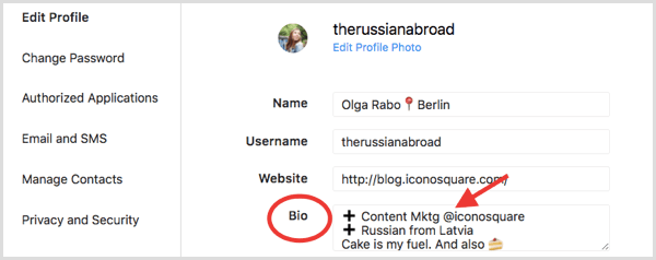 Biofelt i sektionen Rediger profil til Instagram-profil