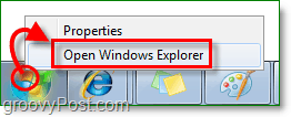 for at gå ind i Windows 7 explorer, skal du højreklikke på startkloden og klikke på åben windows explorer