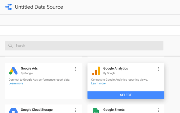 Brug Google Data Studio til at analysere dine Facebook-annoncer, trin 2, mulighed for at bruge Google Analytics som din datakilde