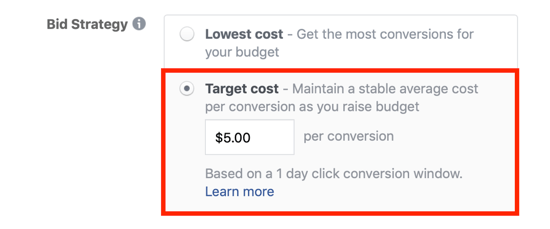 Facebook-målomkostningstilbudsmulighed.