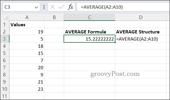 Eksempel på AVERAGE formel i Excel