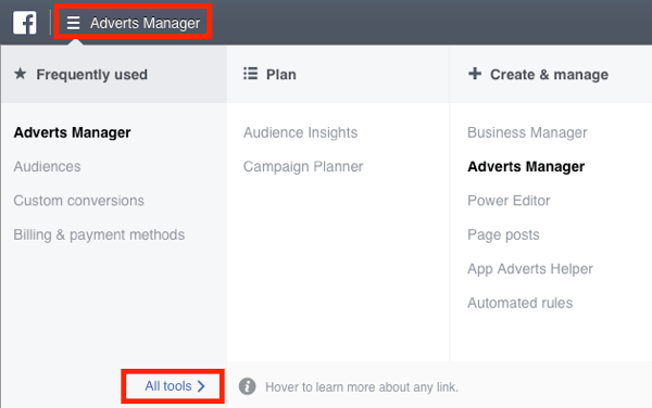 Naviger til menuen Facebook Ads Manager, og vælg Alle værktøjer.
