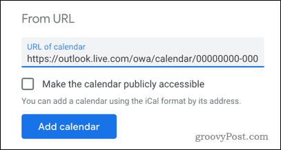 Tilføjelse af en Outlook-kalender til Google Kalender efter URL