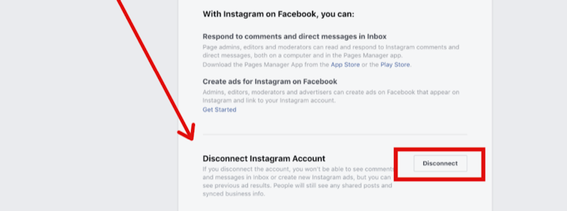 trin 2 til afbrydelse af Instagram-konto i Facebook-sideindstillinger