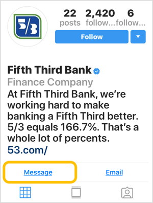 Instagram-profil til bank med besked-opfordring-til-handling-knap.