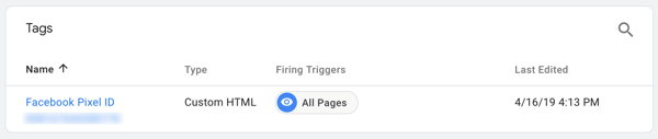 Brug Google Tag Manager med Facebook, trin 7, se tagget opkaldt efter din Facebook Pixel