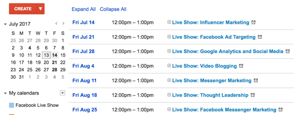 Opret en kalender med emner til dit Facebook Live-show.
