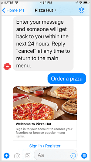 Pizza Hut automatiserer pizzabestilling via Messenger bot.
