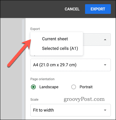 Valg af eksportmulighed for PDF-eksport i Google Sheets