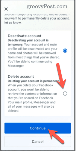 Valg af at slette en Facebook-konto på mobilen