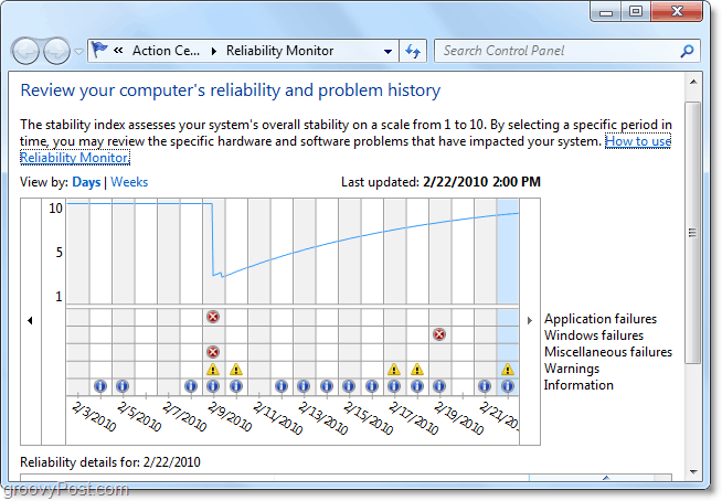 Sådan bruges pålidelighedshistorikværktøjet til diagnosticering af Windows 7-problemer