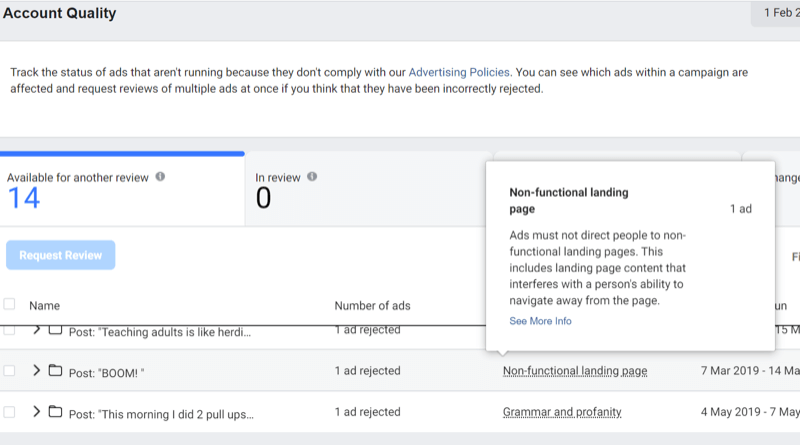 trin 3 i, hvordan du bruger Facebook Account Quality Tool