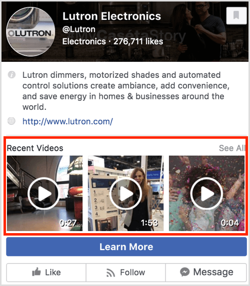 Et eksempel på en Facebook-side, der viser de seneste videoer.