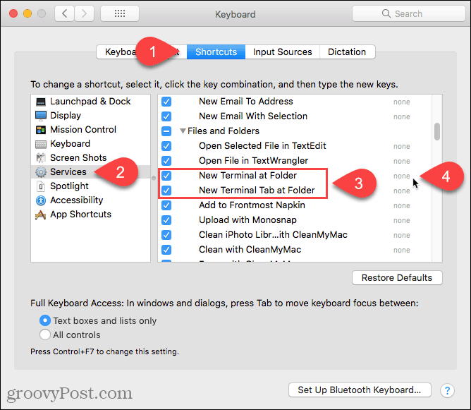 Klik på Ingen for at tilføje en genvej til den nye terminal på mappetjeneste på en Mac