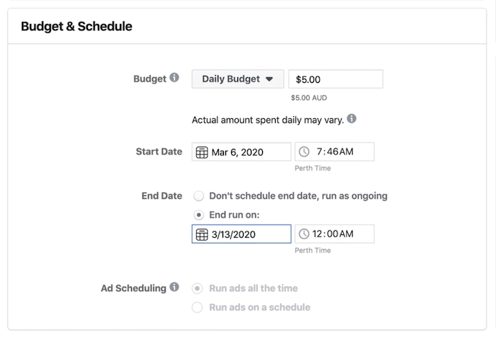 Budget- og tidsplanafsnit på annoncesætniveau i Facebook Ads Manager
