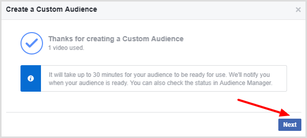 Facebook viser en besked, der bekræfter, at din tilpassede målgruppe er færdig.