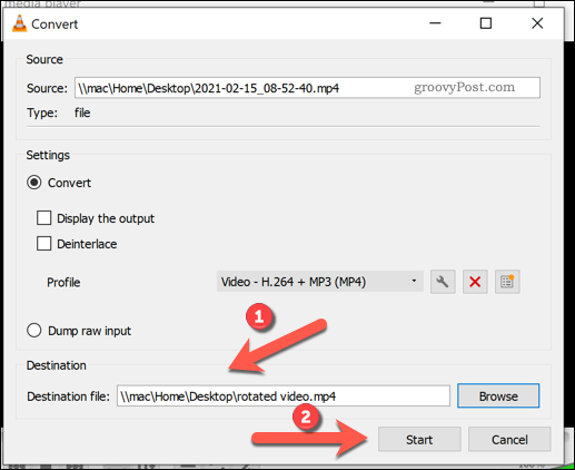 Begyndelse af en filkonvertering i VLC på Windows