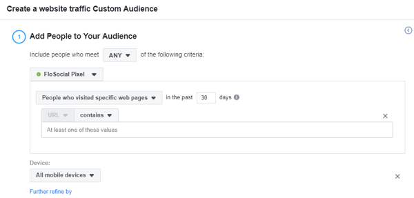 Brug Facebook Event Setup Tool, trin 17, indstillinger til at oprette et webstedstrafik tilpasset Facebook-publikum baseret på enhed