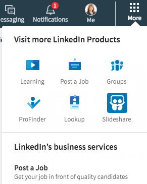 Du finder mange direkte links i LinkedIn's Mere sektion. Du kan også oprette en firmaside herfra.