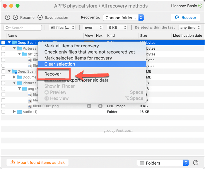Gendannelse af slettede filer i Disk Drill på macOS